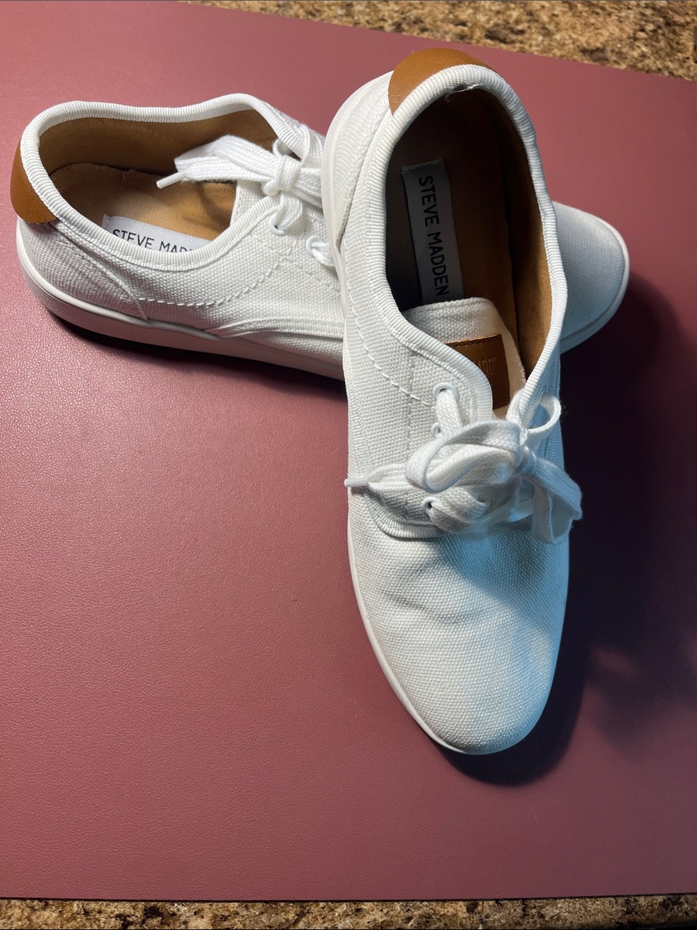 Steve Madden White Canvas Sneakers with Tan Heel Accent